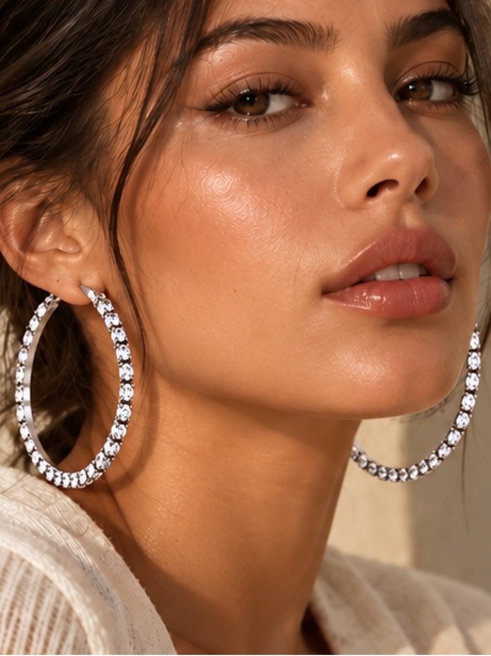 Silver Rhinestone Large Statement Hoop Earrings